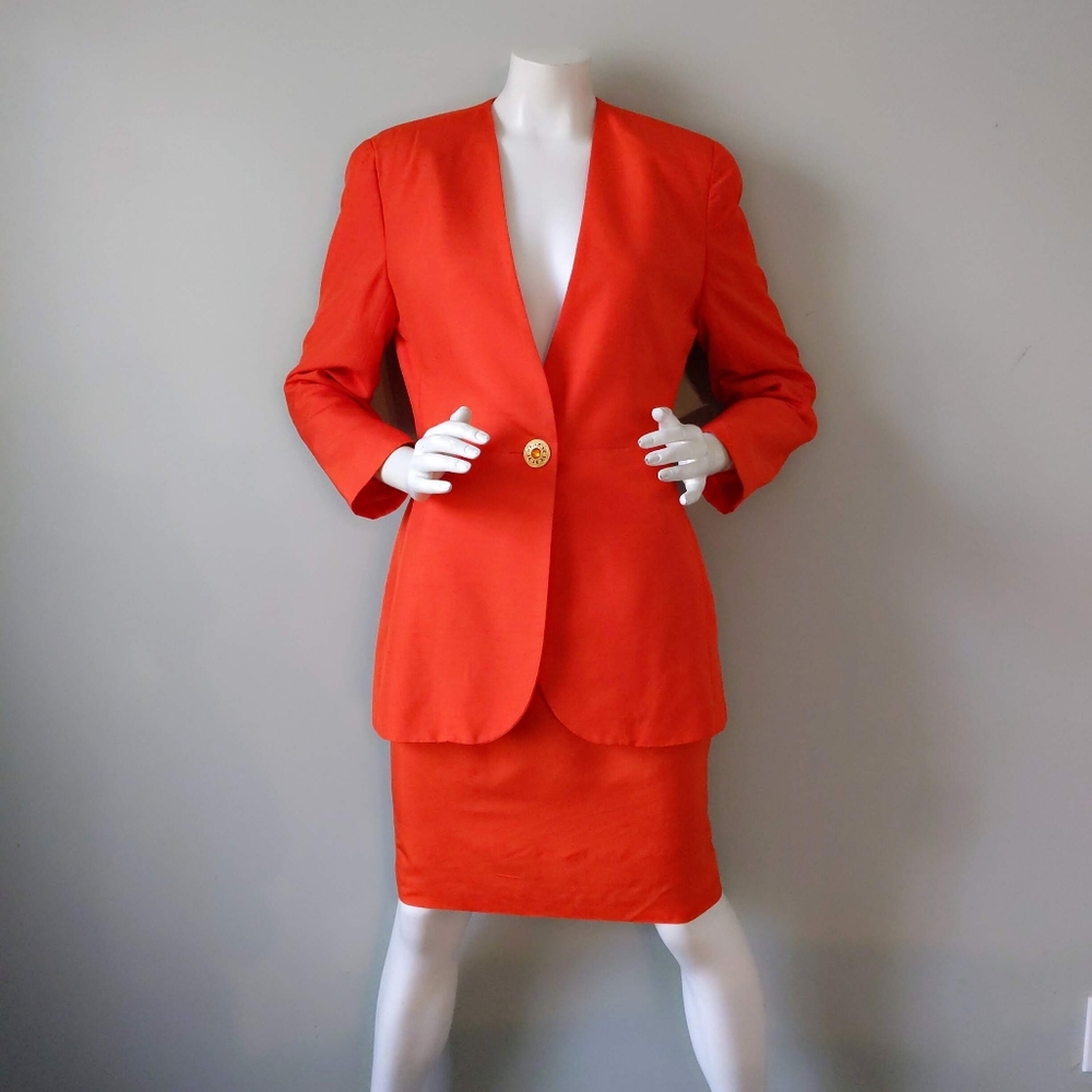 Vtg 90s Ann Taylor Bright Orange Silk Skirt Suit 8 S M